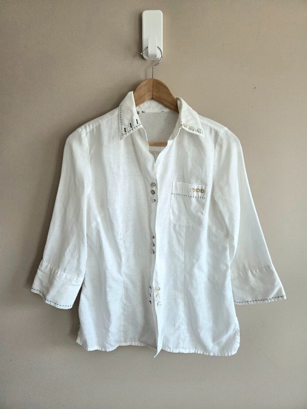 White Linen Shirt Blouse with Buttons and Black Stitching Details